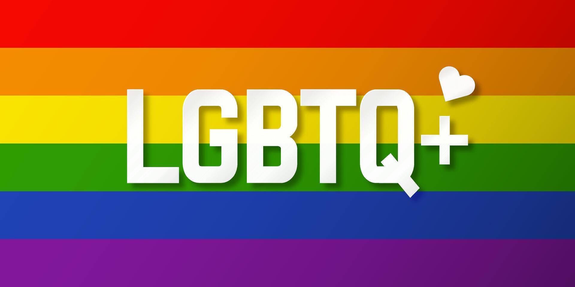 LGBTQ illustration with rainbow flag background. White paper label. PRIDE event. Human rights concept. Flat lay. vector