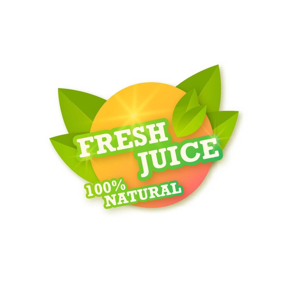 Juice fresh fruit label icon concept. Orange healthy juice sticker. Juicy drops and green leaves. vector