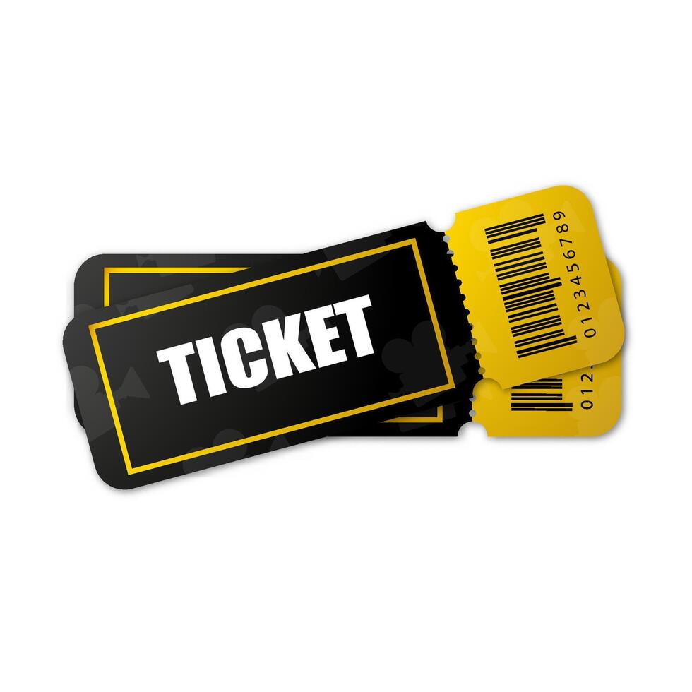 Black and gold two ticket. Two ticket isolated on white background. Cinema, theater, concert, play, party, event, festival. vector