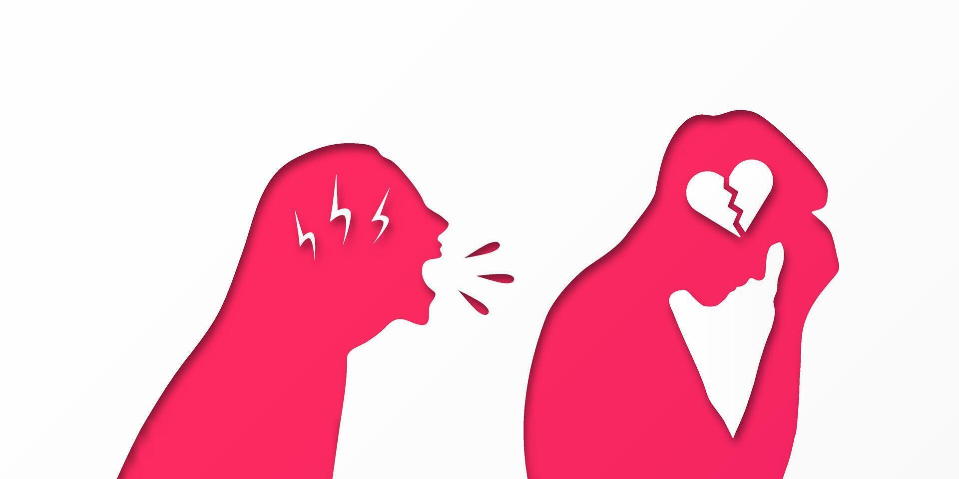 The girl yells at the guy. Family quarrel. Relationship problem. Abuser. Forgive a person. Conflict. Treason. Broken love. The concept of a quarrel between loved ones. vector