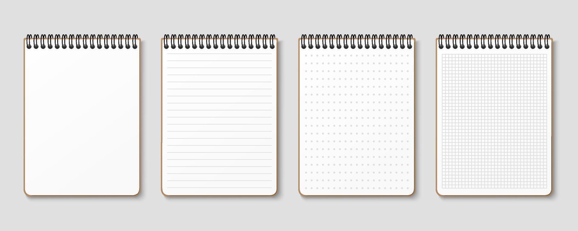 Realistic notepad. Lined, gridded and dotted sheets. Blank sheets of notebook with grid for homework and exercises. Horizontal spiral. Creative illustration mock up diary. vector