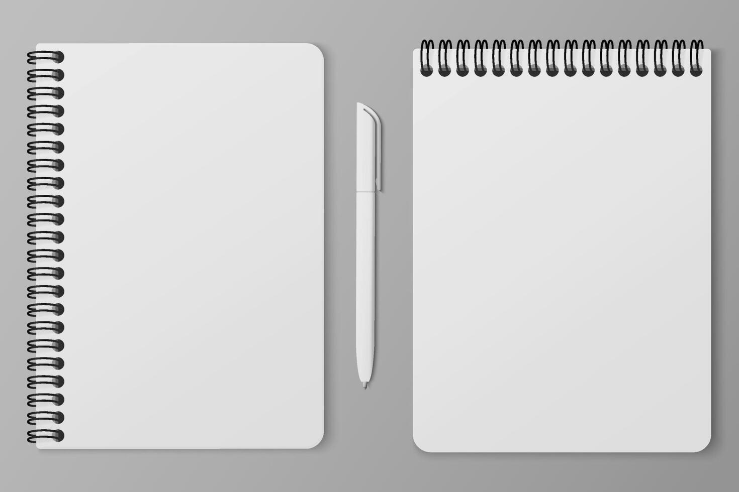 Mock up two notepads with spiral and ball-point pen with space for your image or text. Blank display mockup with shadow on isolated background for corporate identity and promotion objects. vector