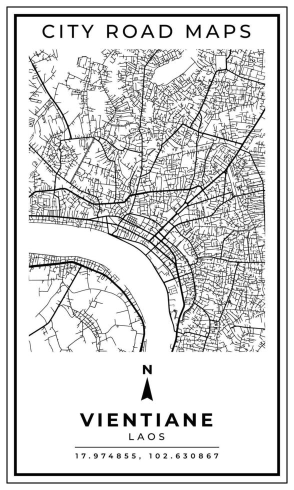Monochrome Line Art Street Map of Vientiane City of Laos, Illustration and home decoration vector