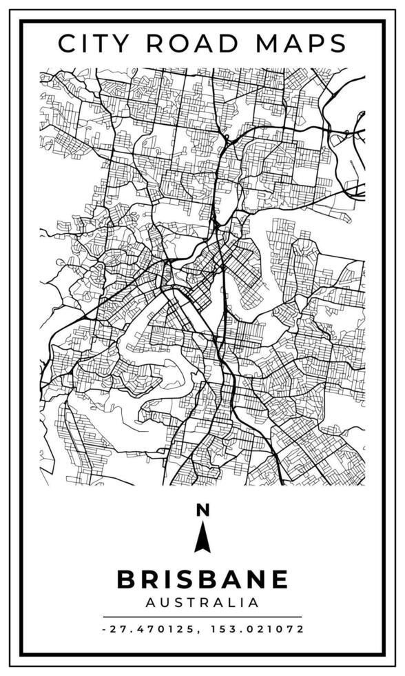 Monochrome Line Art Street Map of Brisbane City of Australia, Illustration and home decoration vector