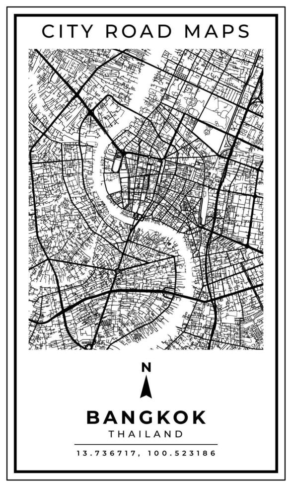 Monochrome Line Art Street Map of Bangkok City of Thailand, Illustration and home decoration vector