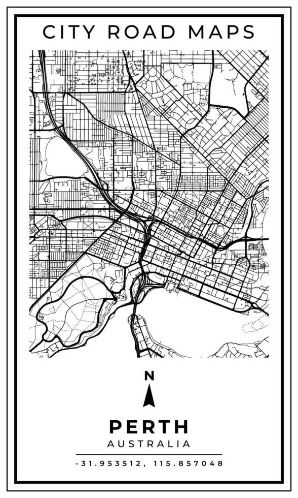 Monochrome Line Art Street Map of Perth City of Australia, Illustration and home decoration vector