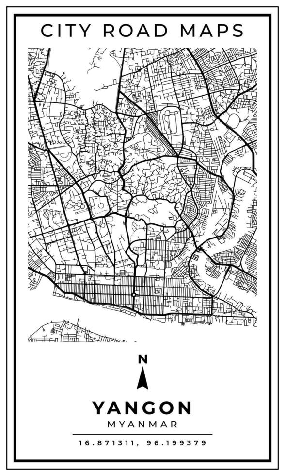 Monochrome Line Art Street Map of Yangon City of Myanmar, Illustration and home decoration vector