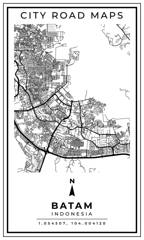 Monochrome Line Art Street Map of Batam City of Indonesia, Illustration and home decoration vector