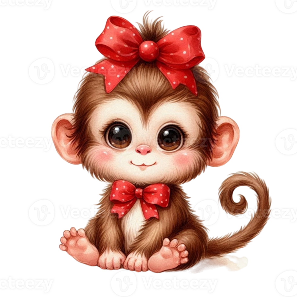 A cute little monkey with big eyes and a red bow png
