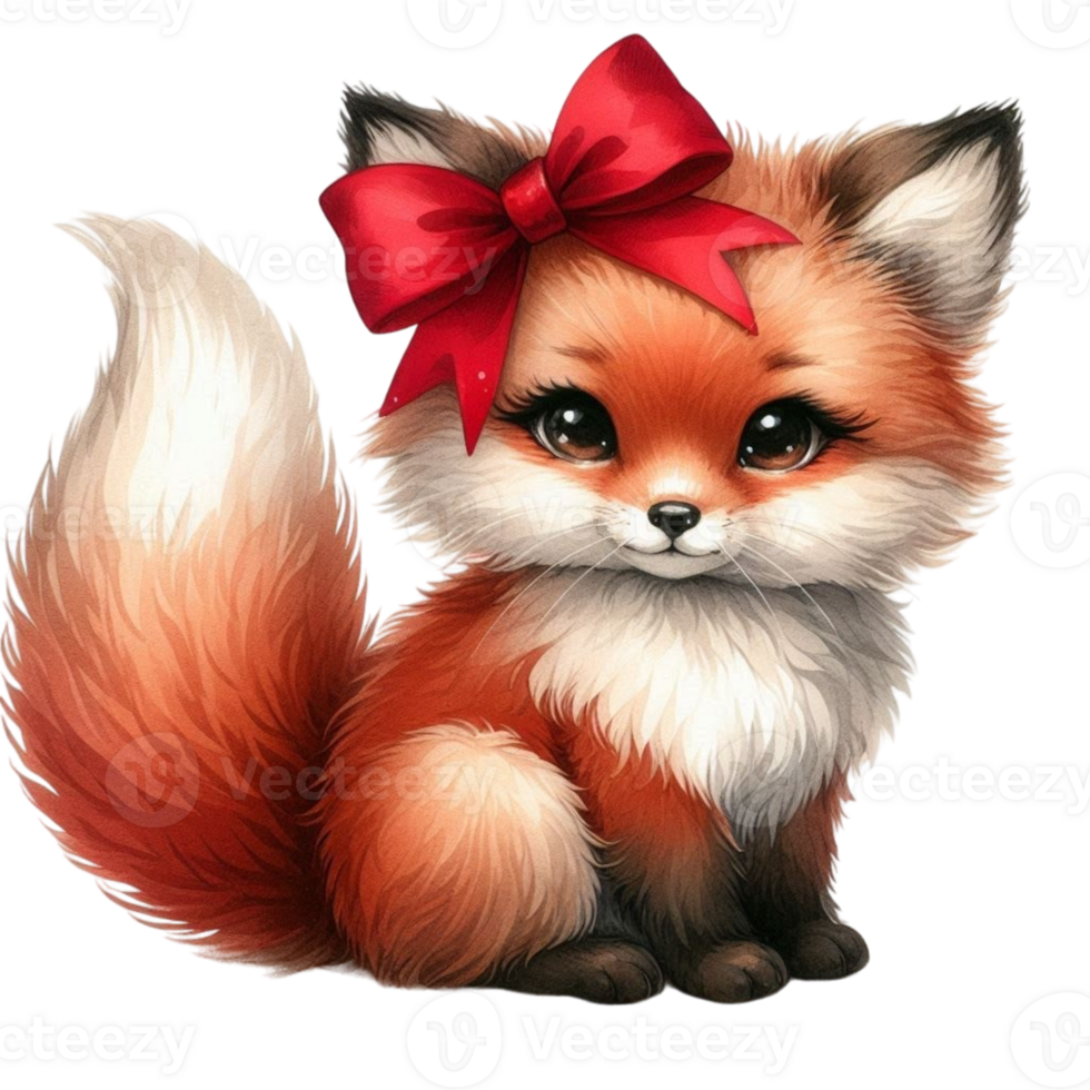 A cute little fox with a red bow png