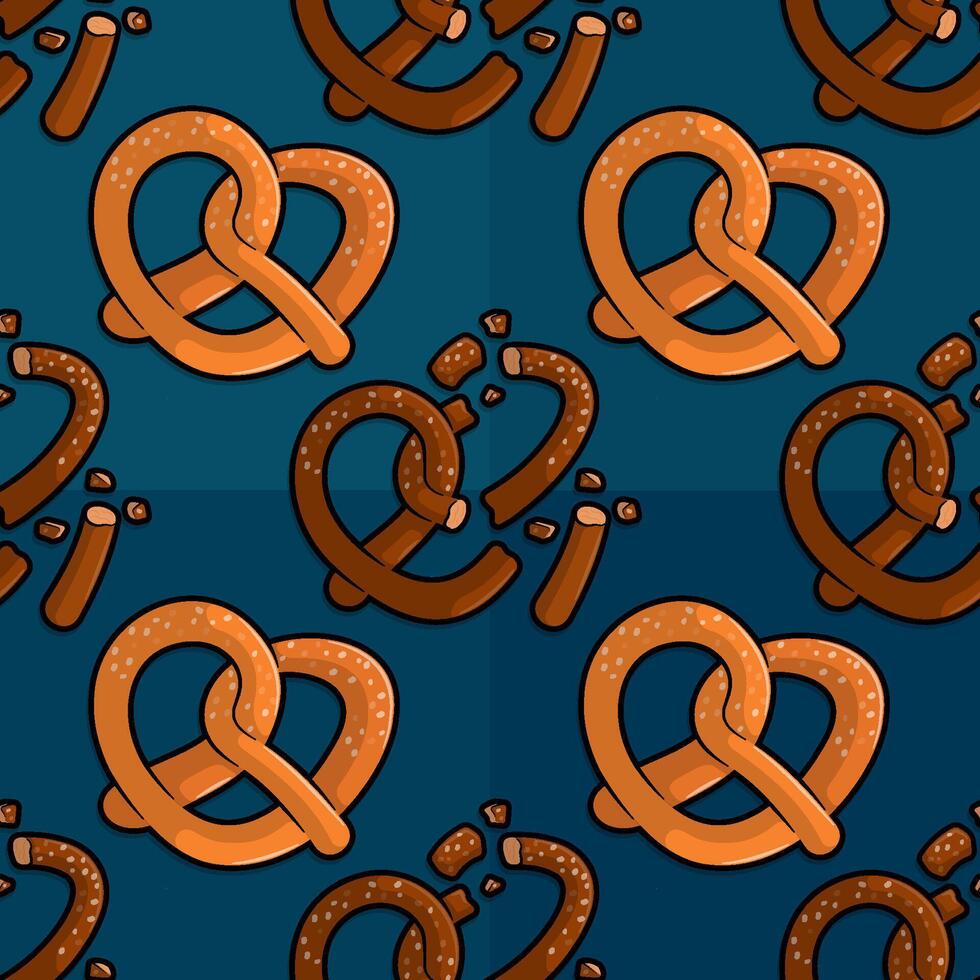 Playful line cartoon pattern illustration of salty pretzels featuring crunchy salt pieces and torn bread pieces ideal for savory snacks and party platters vector