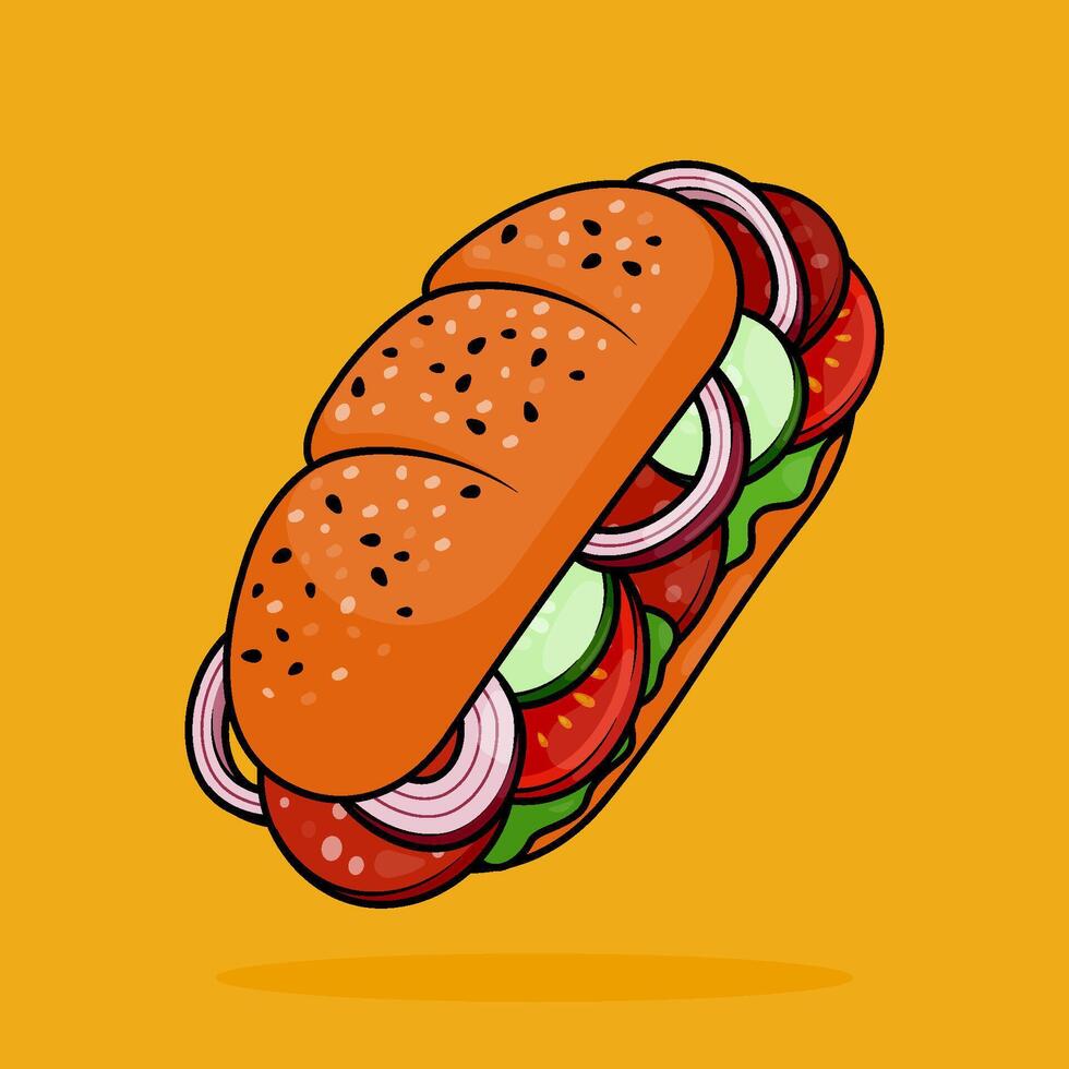 illustration of veggie salad tomato onion ham sausage sandwich with baguette or long bread in line art style. Can be used for restaurants, cafes, local street food, cookbook menu covers vector