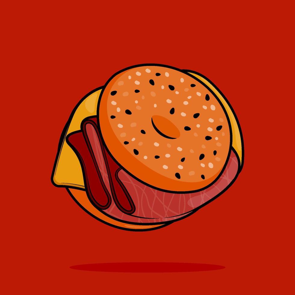 illustration of bagel sandwich with double cheese filling and red brisket ham in line art style. Can be used for restaurants, cafes, local street food, cookbook menu covers vector