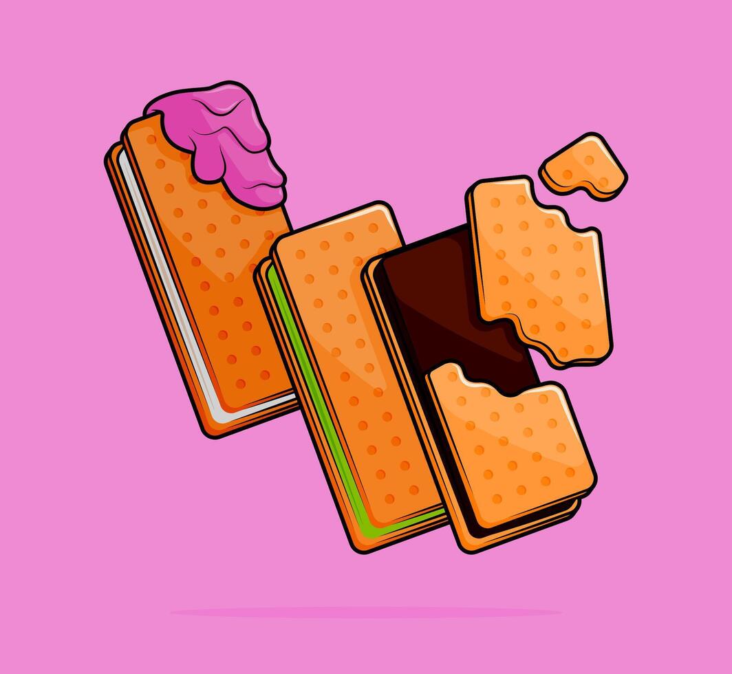 cartoon illustration of ice cream sandwich with vanilla biscuit with cream filling of matcha chocolate vanilla flavor and coated with melted strawberry pink chocolate. can be used for poster or cover vector