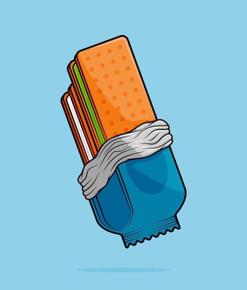 cartoon illustration of ice cream sandwich with strawberry pink and green matcha filling wrapped in aluminum foil blue package. can be used for menu, cover, cafe, restaurant, cookbook, ads, poster vector