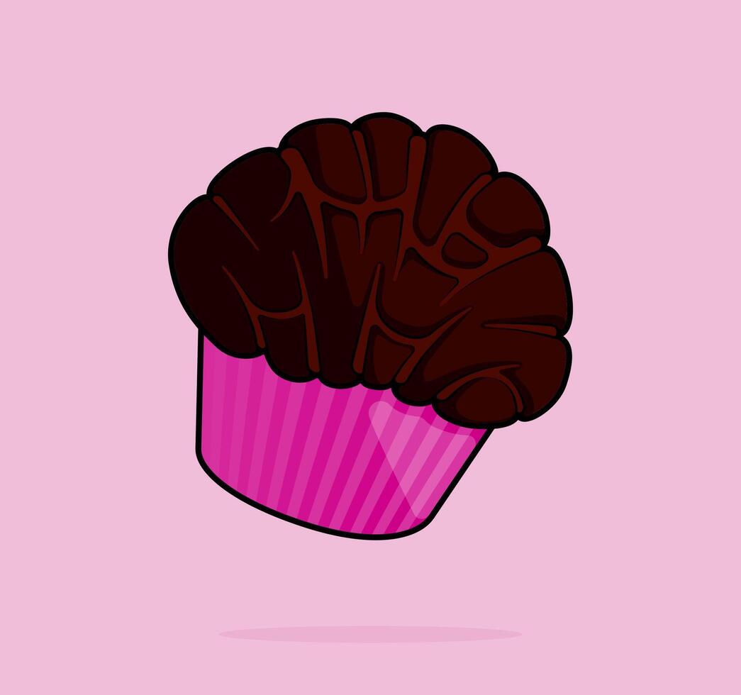 cartoon illustration of fudge dark chocolate brownie cupcake puffs in pink cup. can be used for menu, cover, cafe, restaurant, cookbook, ads, print, poster, website vector