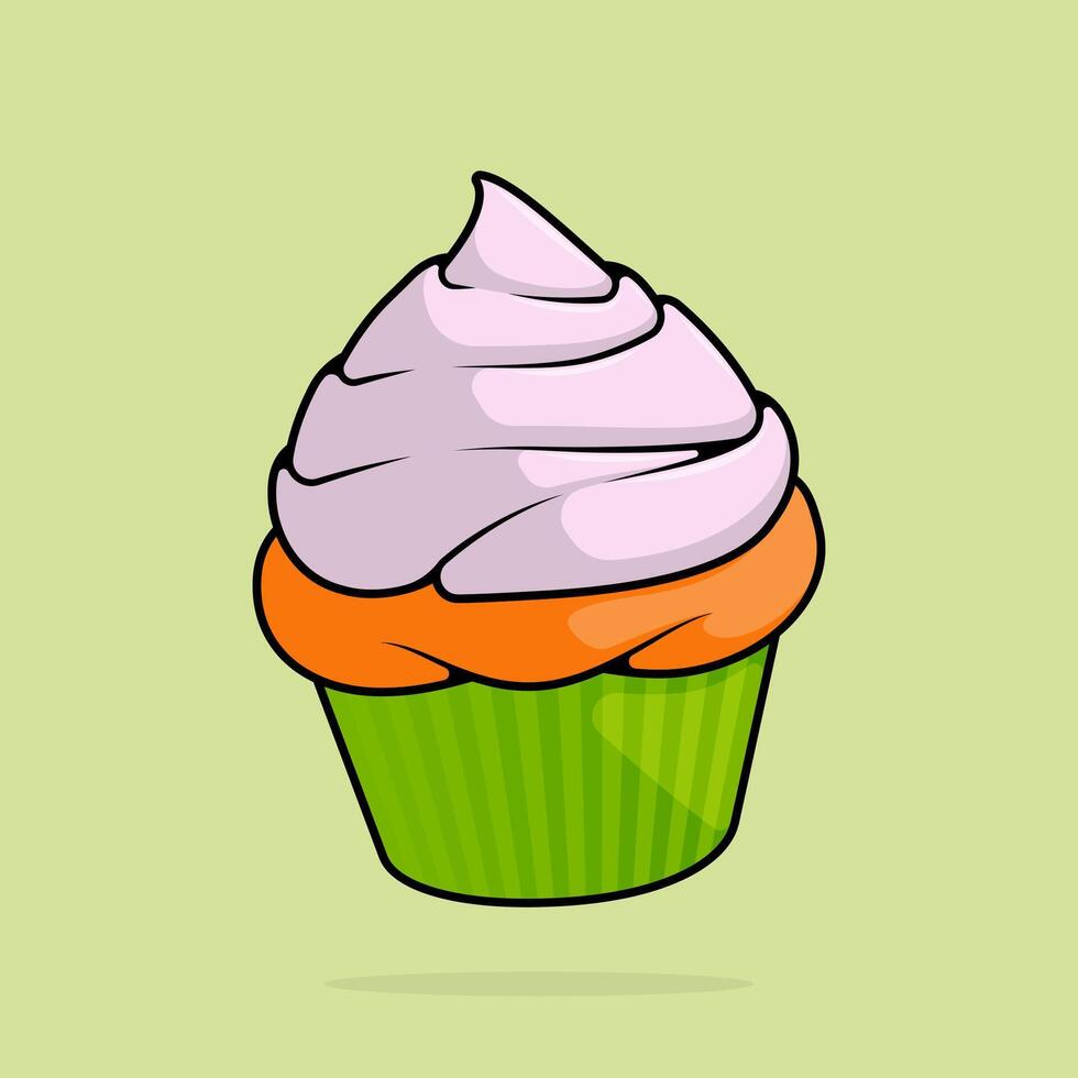 cartoon illustration of cupcake with vanilla icing sugar topping. can be used for menu, cover, cafe, restaurant, cookbook, ads, print, poster, website vector