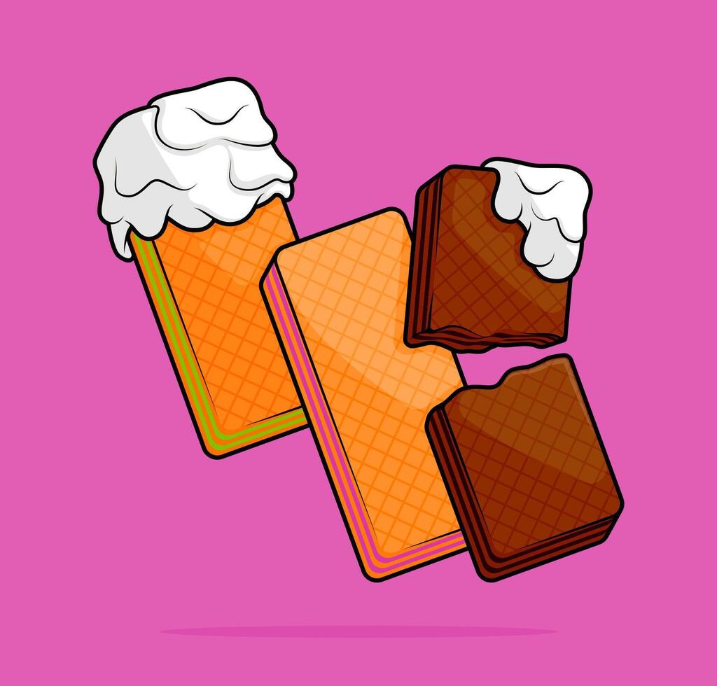 cartoon illustration of vanilla wafer with cream filling of strawberry vanilla matcha coated with melted white milk chocolate. can be used for menu, cover, cafe, restaurant, cookbook, ads, poster vector