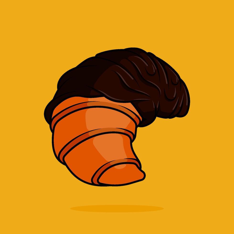 illustration of croissant covered in half melted dark chocolate in line art style. Can be used for restaurants, cafes, local street food, cookbook menu covers vector