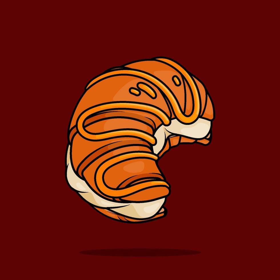 illustration of croissant sandwich with white vanilla cream cheese and honey drizzle topping in line art style. Can be used for restaurants, cafes, local street food, cookbook menu covers vector