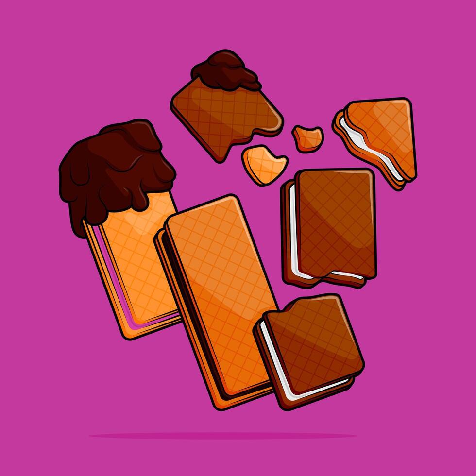 cartoon illustration of coffee biscuit sandwich with filling of strawberry vanilla chocolate flavor coated with dipping chocolate. can be used for menu, cover, cafe, restaurant, cookbook, ads, poster vector