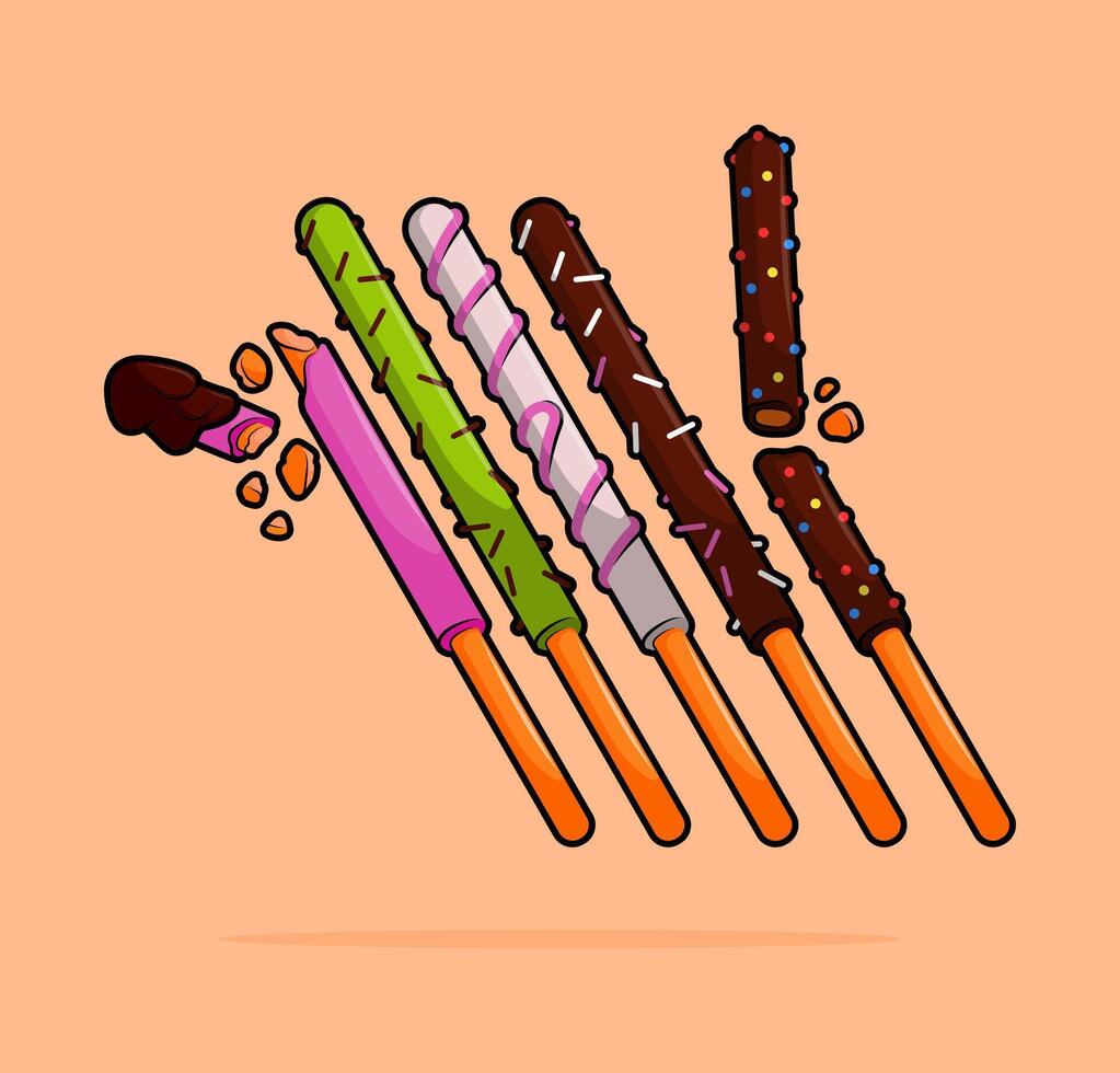 cartoon illustration of pretzel stick or vanilla stick biscuit with various toppings such as pink strawberry, green mathca, white or dark chocolate. can be used for menu, cover, restaurant, poster vector