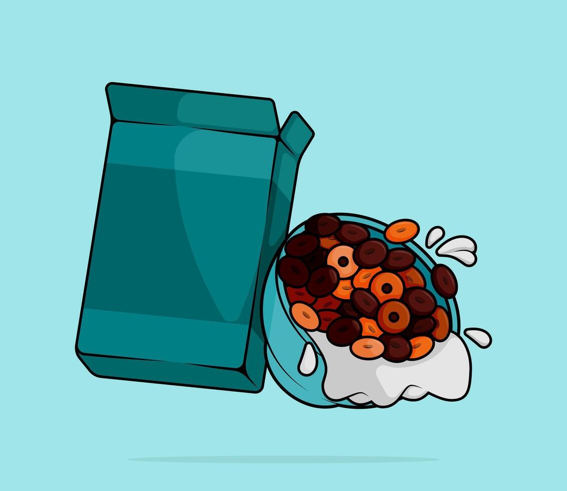 cartoon illustration of rings of vanilla flakes cereal biscuits poured with white milk in a bowl and blue package. can be used for menu, cover, cafe, restaurant, cookbook, ads, print, poster, website vector
