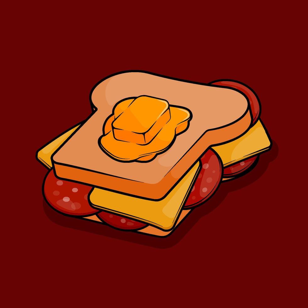 illustration of breakfast sandwich filled with lots of cheese and sliced ham sausage topped with melted butter in line art style Can be used for restaurants, cafes, local street food, cookbook menu vector