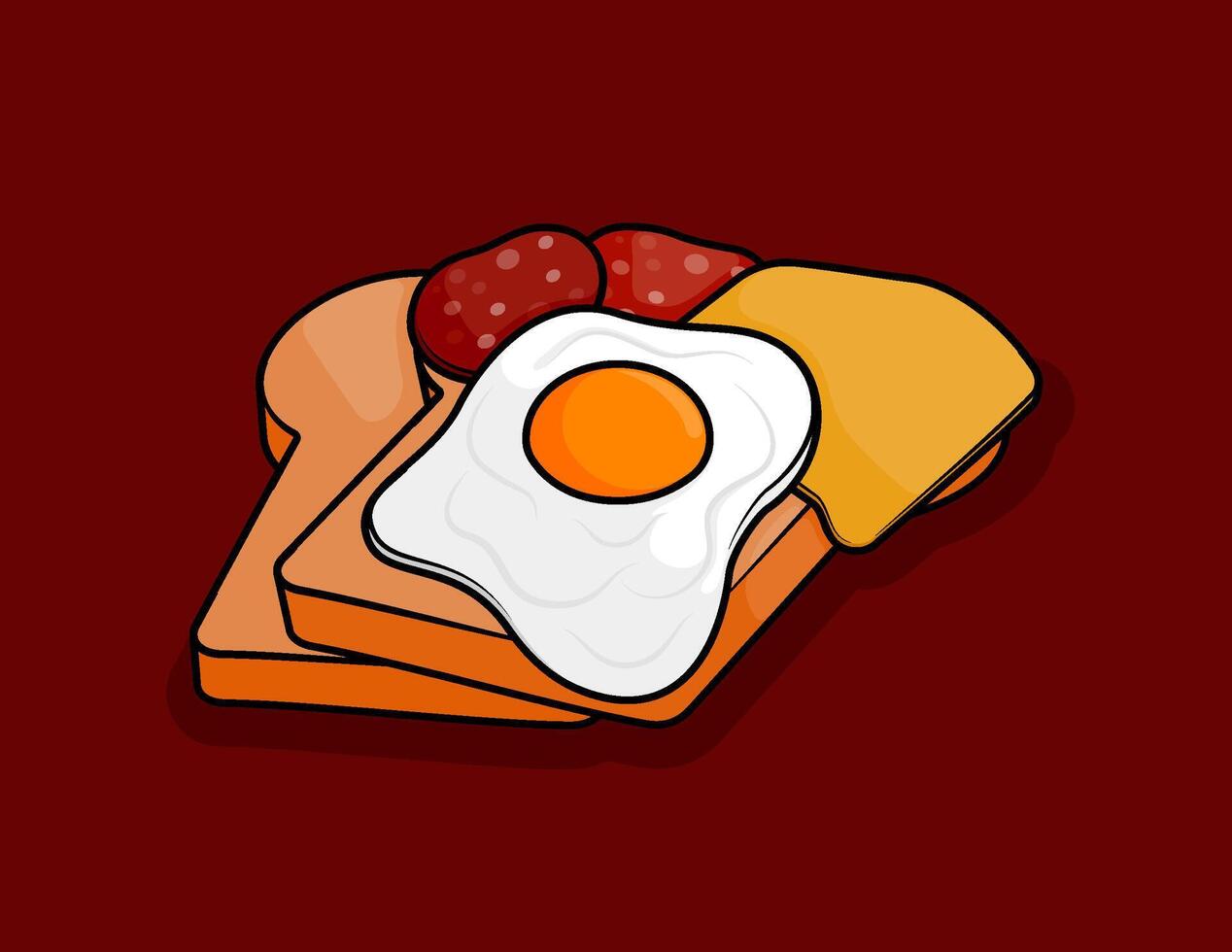 illustration of two toasts with cheese topping, half cooked eggs and pieces of red slice ham sausage in line art style. Can be used for restaurants, cafes, local street food, cookbook menu covers vector