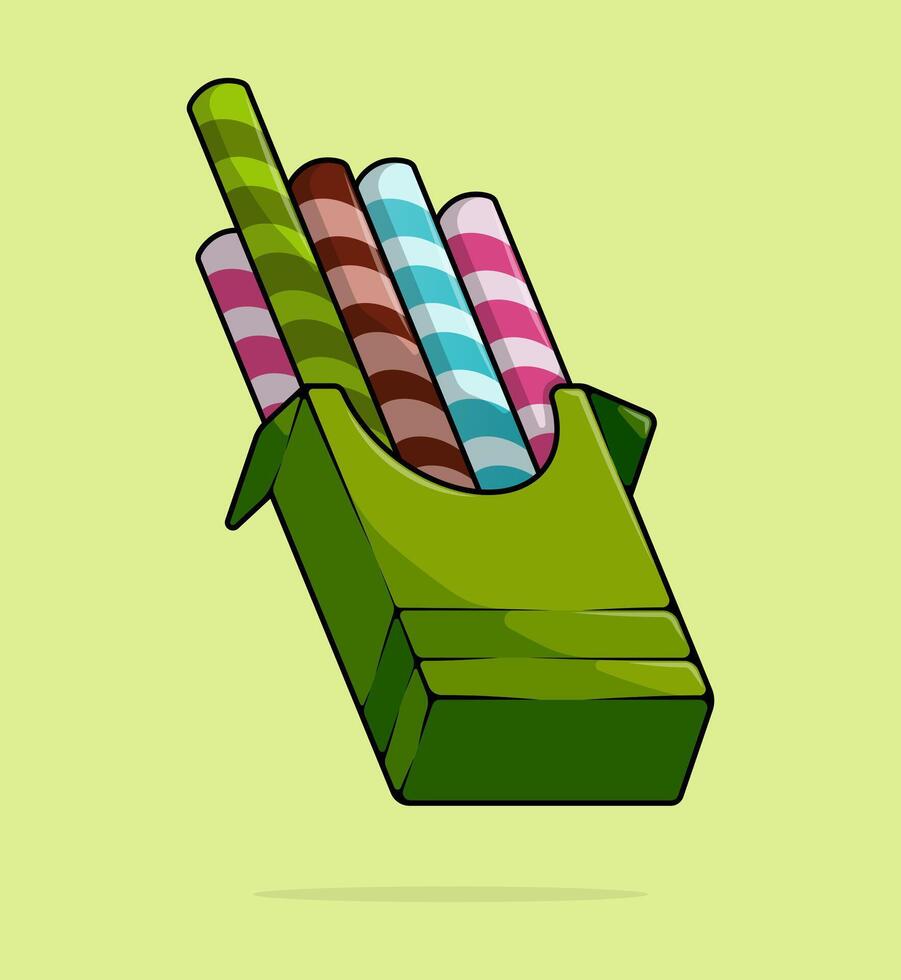 cartoon illustration of Biscuit straws with various flavors such as chocolate, matcha, strawberry and vanilla mint come out of the green color package box. can be used for menu, cover, cafe, poster vector