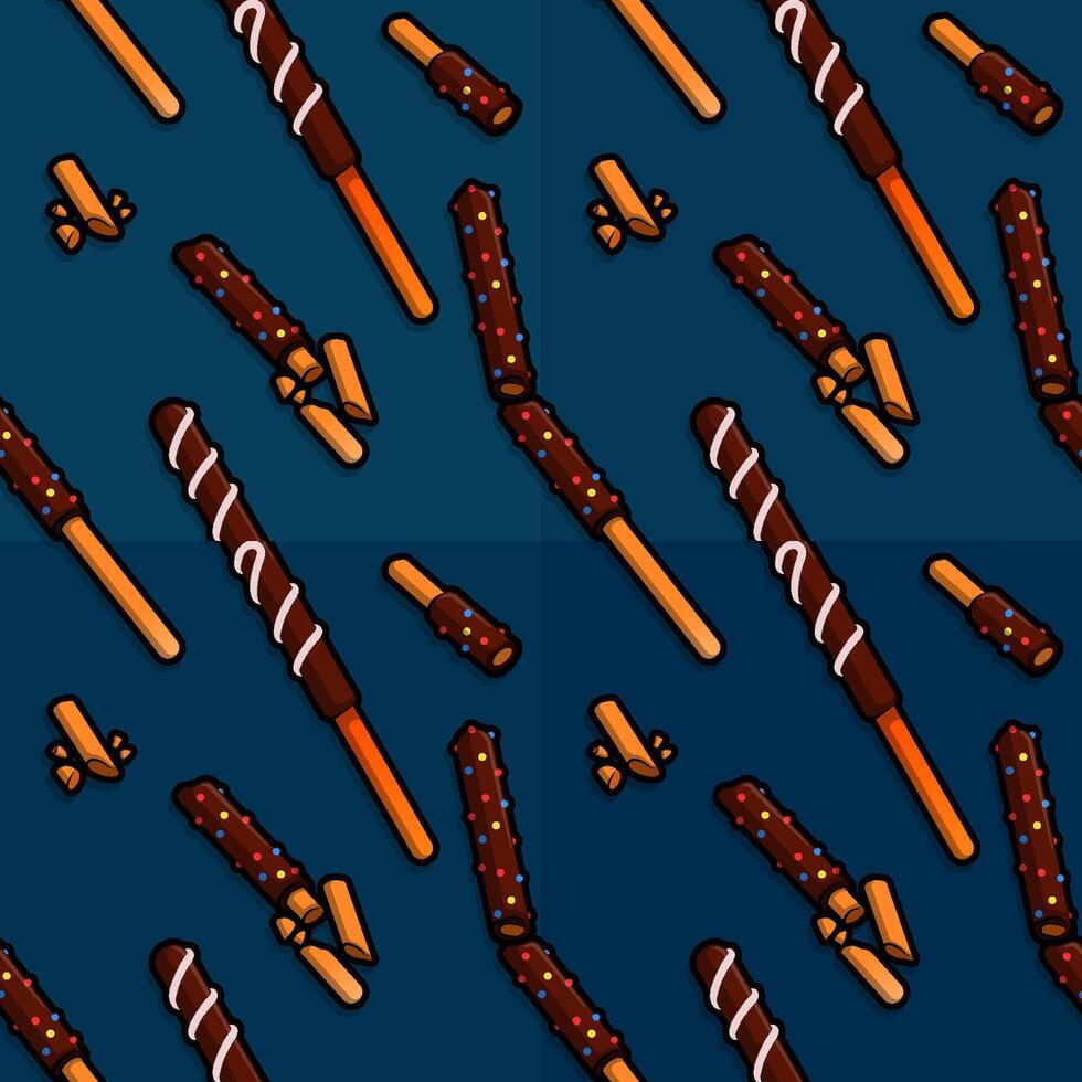 Line cartoon pattern illustration of cookie sticks cut and smeared with rich dark chocolate glaze for indulgent snacking vector