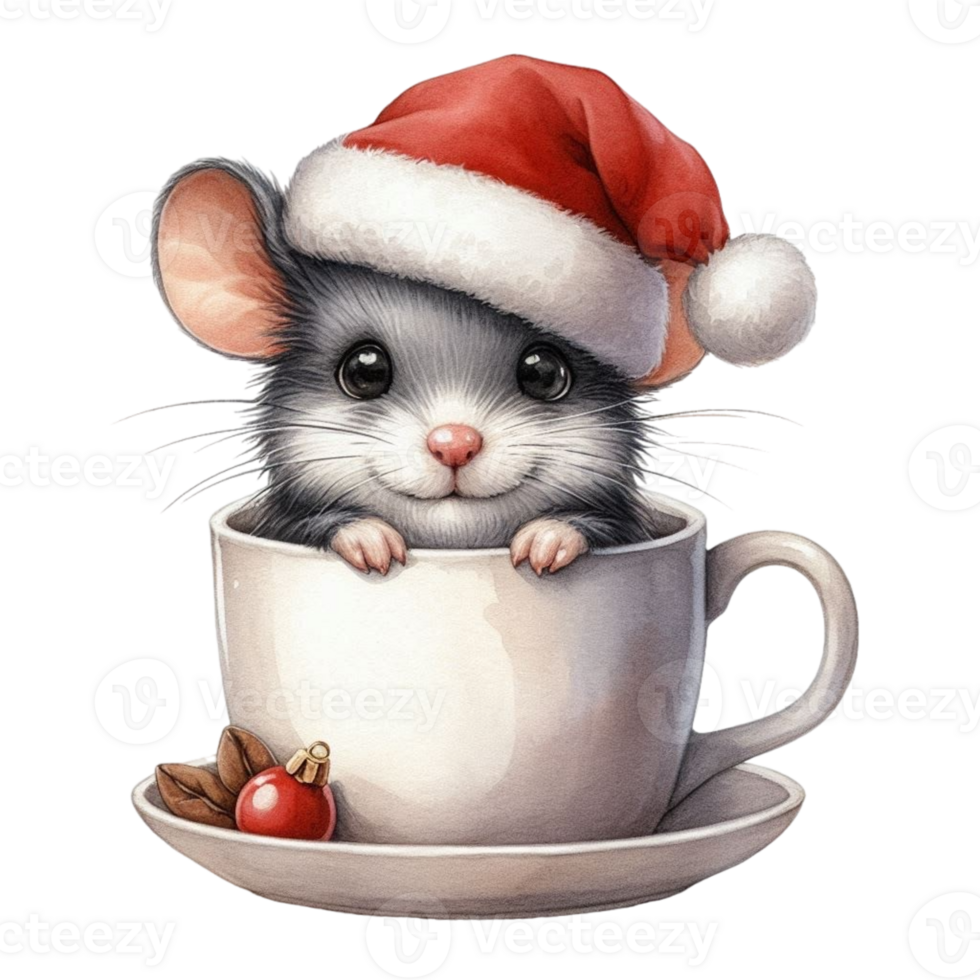 A mouse in a christmas hat sitting in a cup png