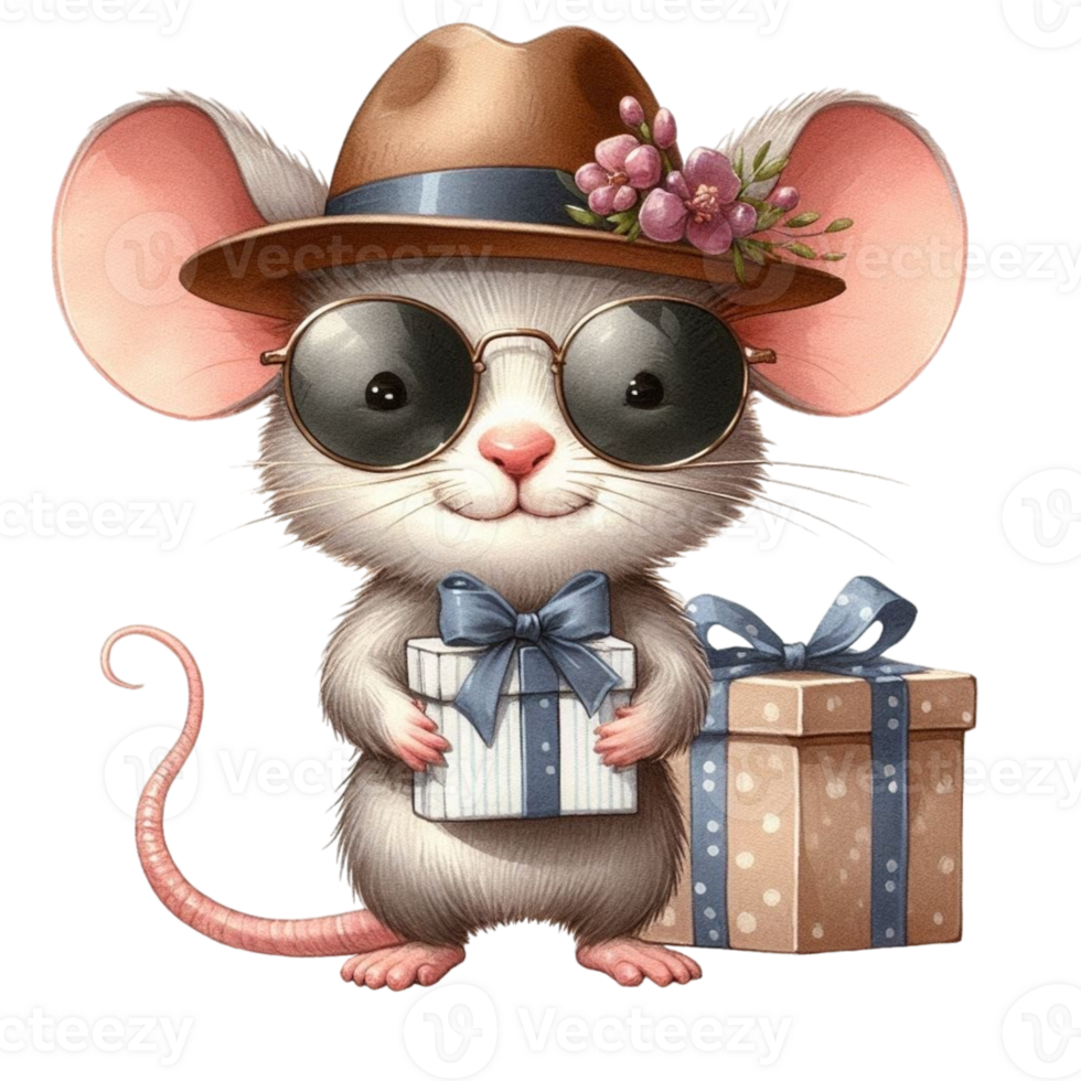 Mouse with hat and sunglasses holding a gift png