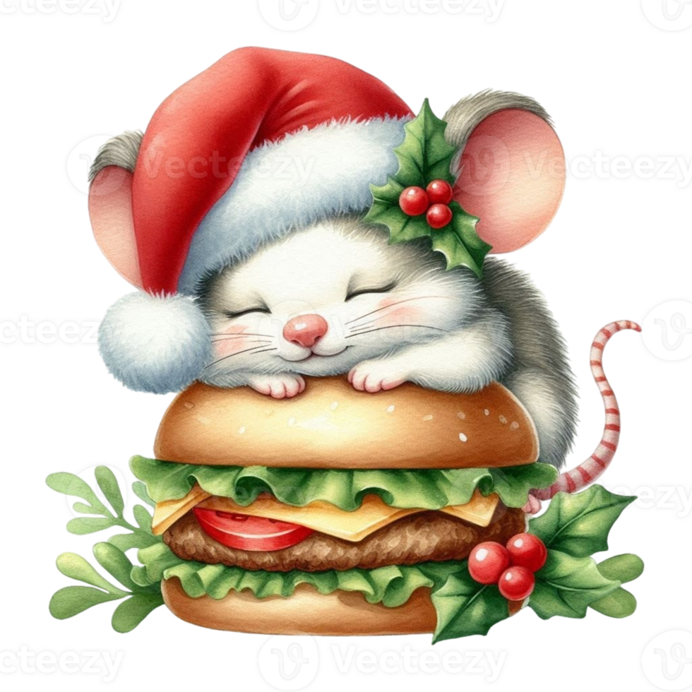 Mouse sleeping on a hamburger with christmas hat png