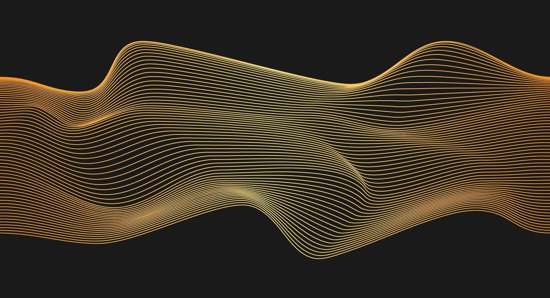 Golden line waves effect on black background. Thin line wavy abstract 3d wallpaper. Smooth and soft backdrop vector