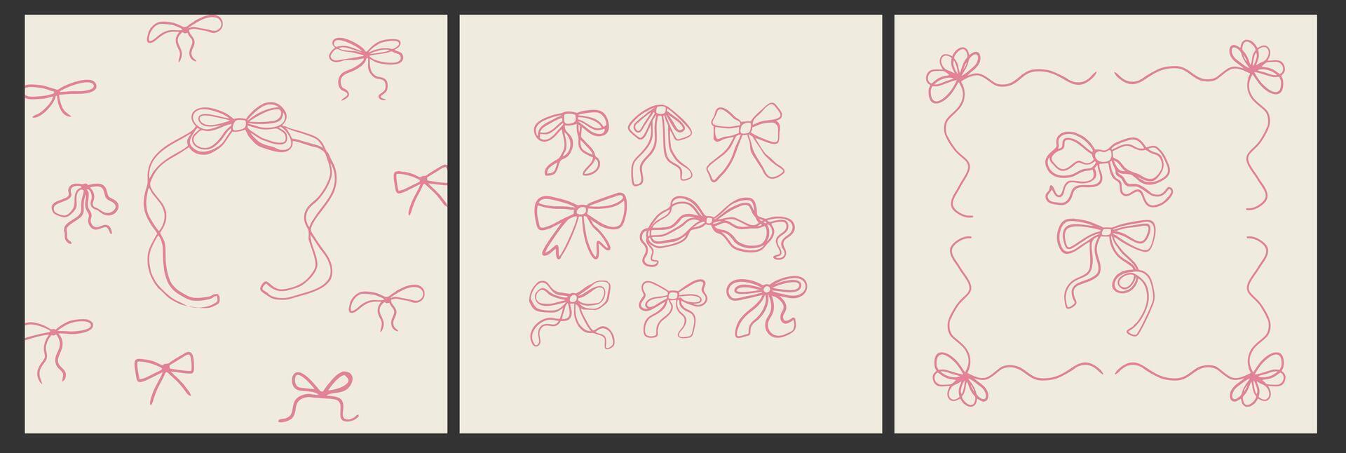 Set of elegant banner with wavy doodle frame and doodle elegant bow tie. Poster with whimsical elements. Symbol wedding celebration and birthday party decorations vector