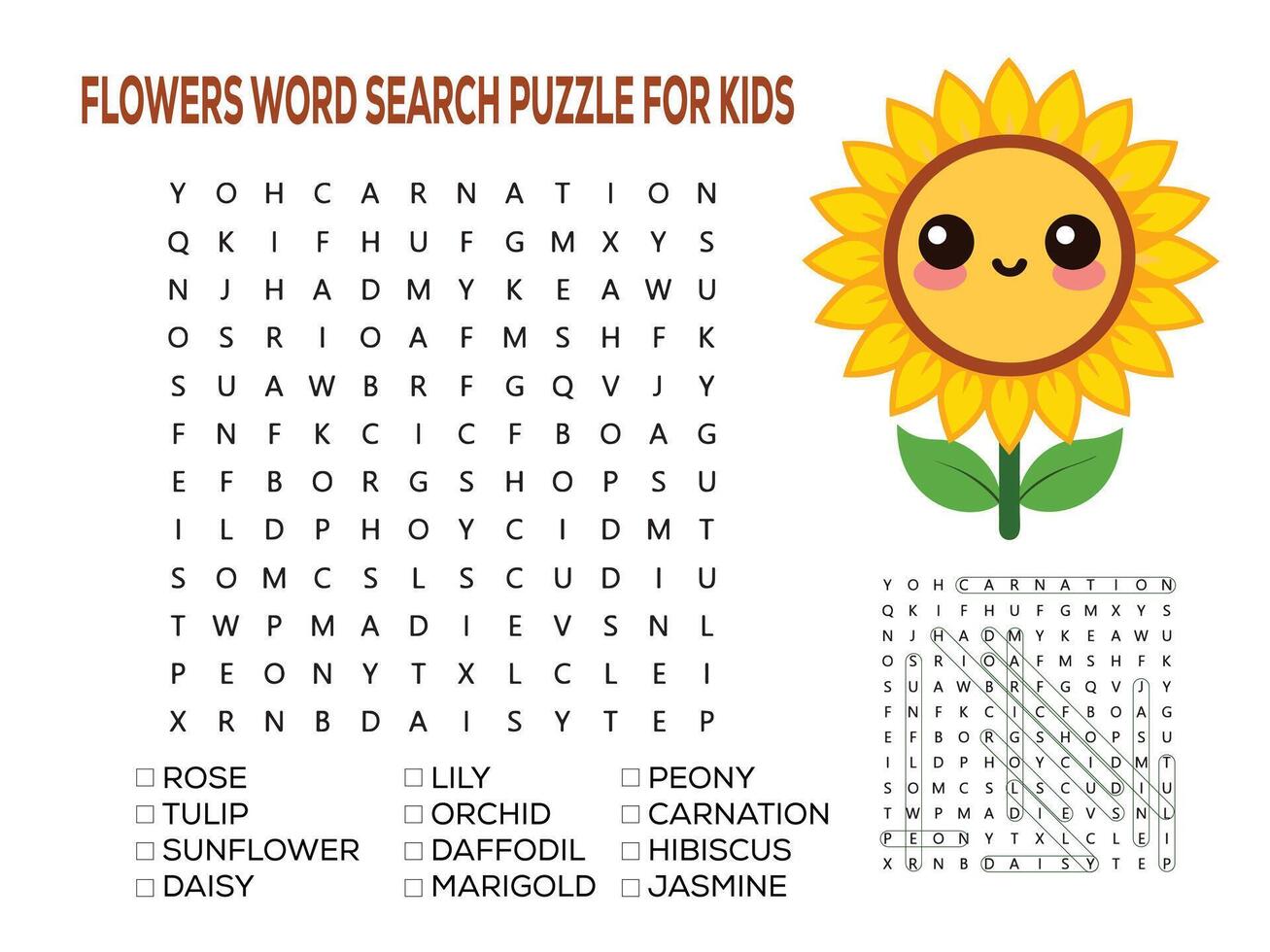 Flowers word search puzzle for kids vector