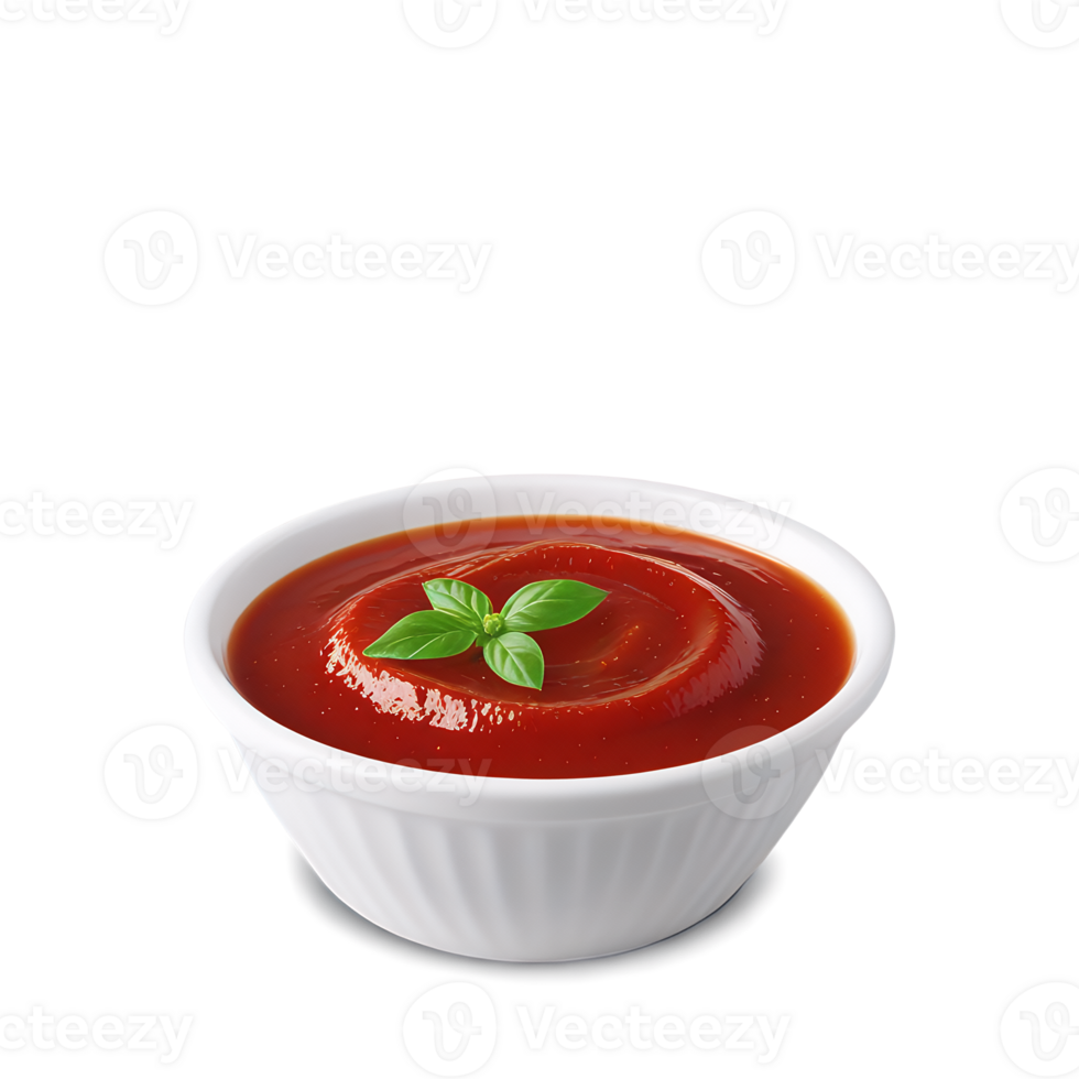 Tomato Ketchup in White Bowl with Basil Garnish Food Photography png