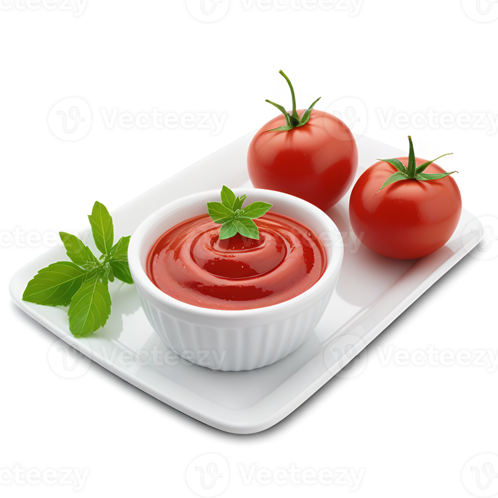 Tomato Ketchup Dip with Fresh Tomatoes and Basil on White Plate png