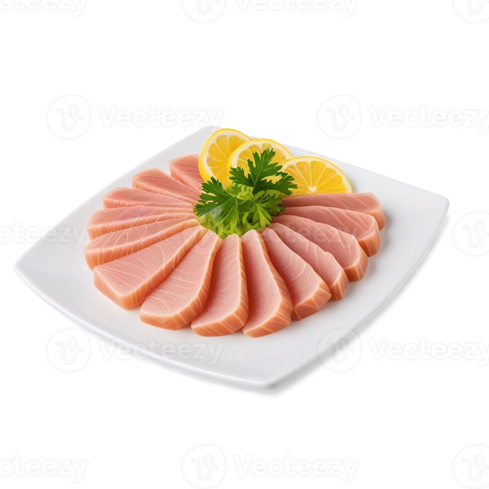 Fresh Sashimi Tuna Fish Slices on White Plate with Lemon and Parsley png