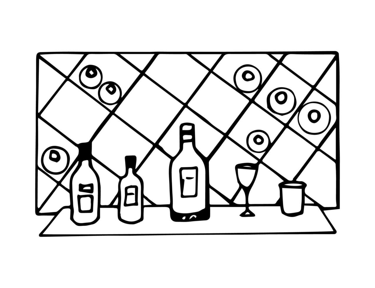 Hand-drawn black outline drawing. Rack, shelf with cells, bottles of wine, glasses on the table. Tasting, sale of alcoholic beverages, bar, restaurant. Wine cellar, winemaking. vector