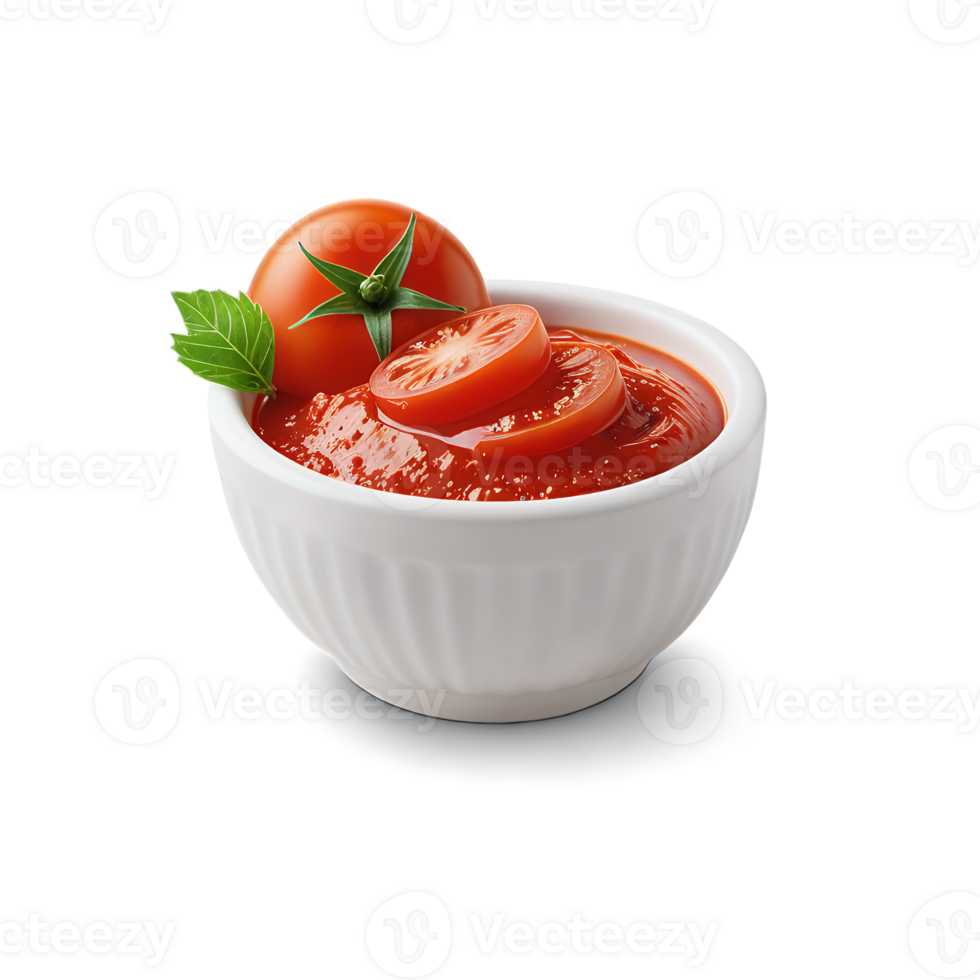 Fresh Tomato Sauce in White Bowl with Slices and Whole Tomato png