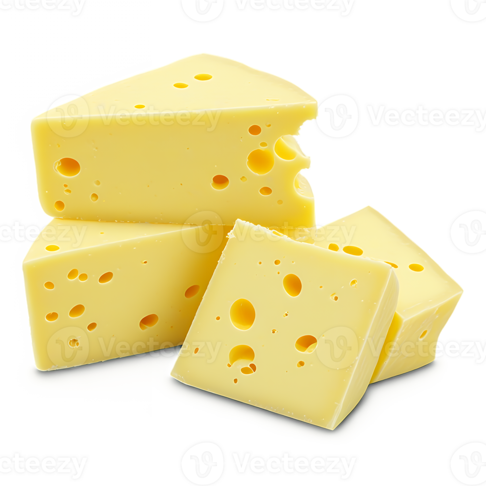 Swiss cheese cubes isolated transparent background food photography png