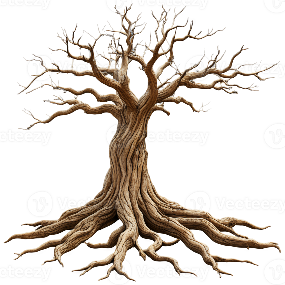 Old dead tree with exposed roots isolated transparent background png