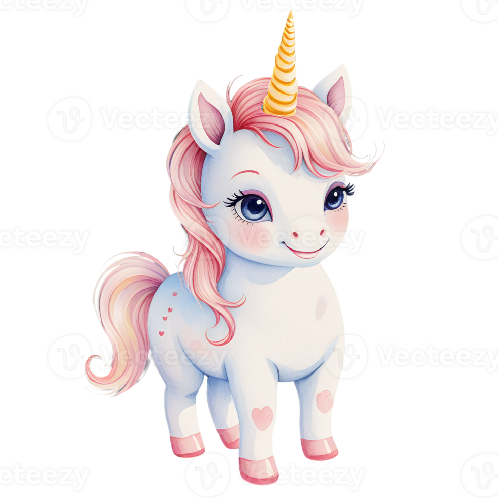 Cute Pink and White Unicorn with Golden Horn Illustration png