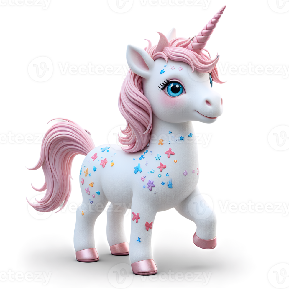 Cute Cartoon Unicorn with Pink Mane and Tail Magical Fantasy Creature 3D Render Illustra png