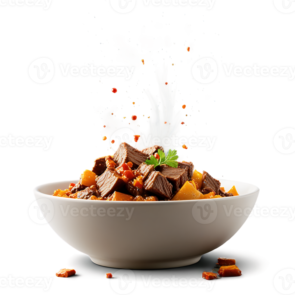 Delicious Beef Stew with Vegetables and Gravy Splash in White Bowl png