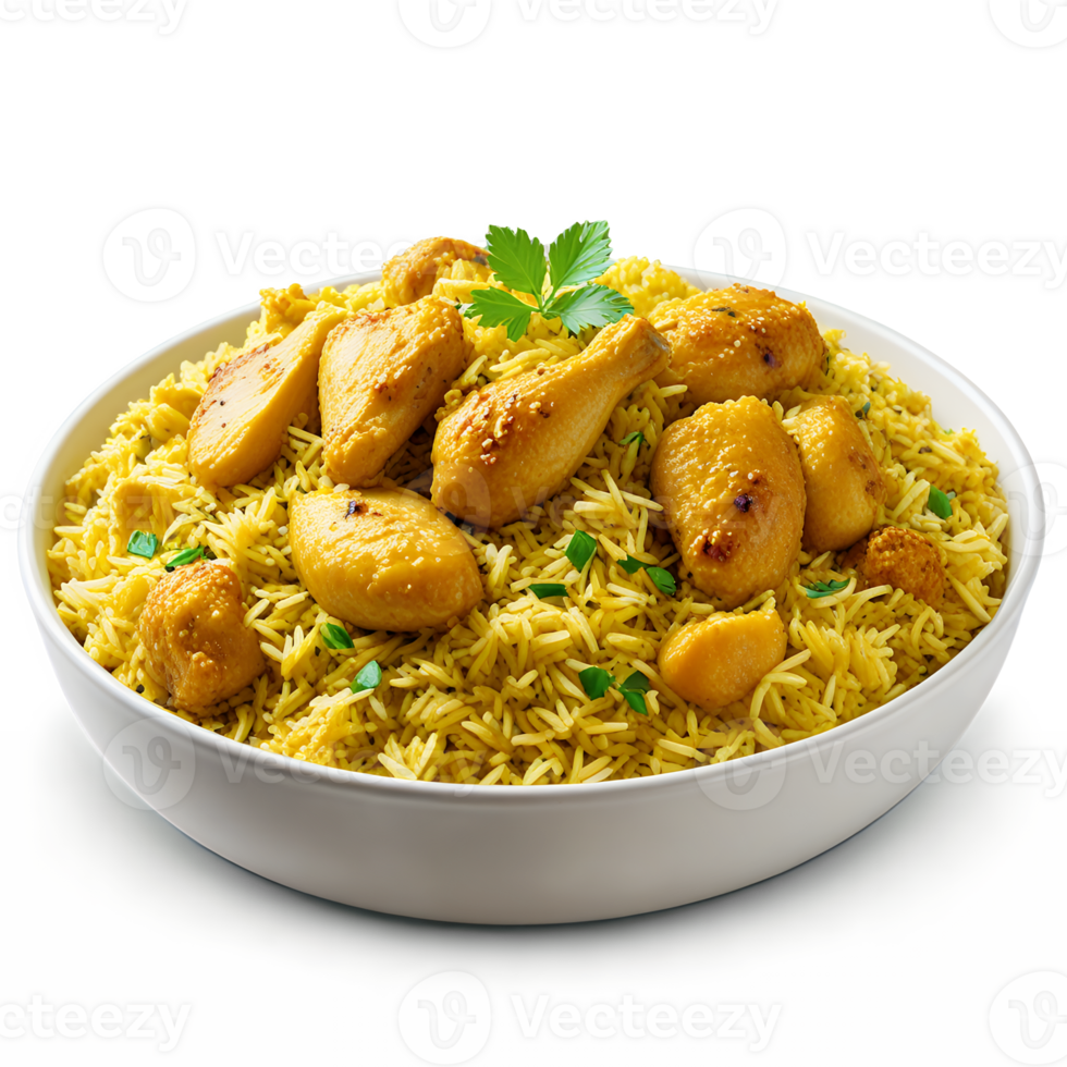 Delicious Chicken Biryani with Saffron Rice Spices and Garnish png