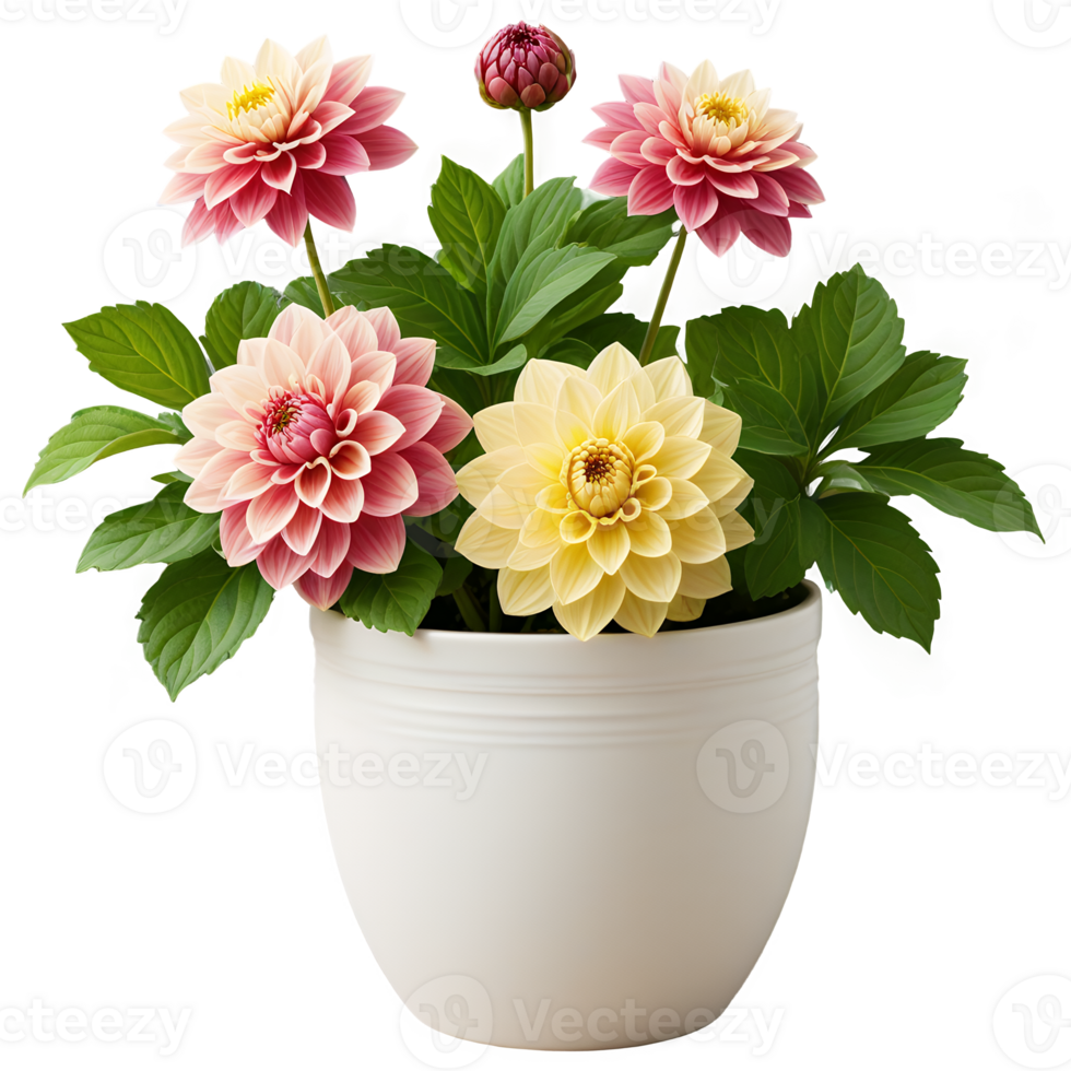 Pink and Yellow Dahlias in a White Pot Blooming Flowers Garden Decoration png