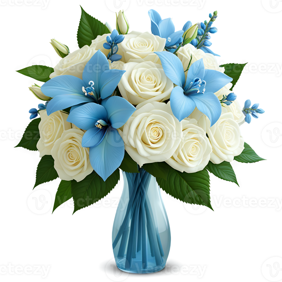 A vase with blue flowers and white roses png